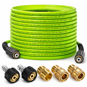 Hourleey pressure washer hose 50 ft, green, coiled view highlighting flexibility for easy storage.