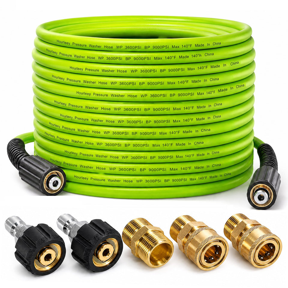 Hourleey pressure washer hose 50 ft, green, coiled view highlighting flexibility for easy storage.