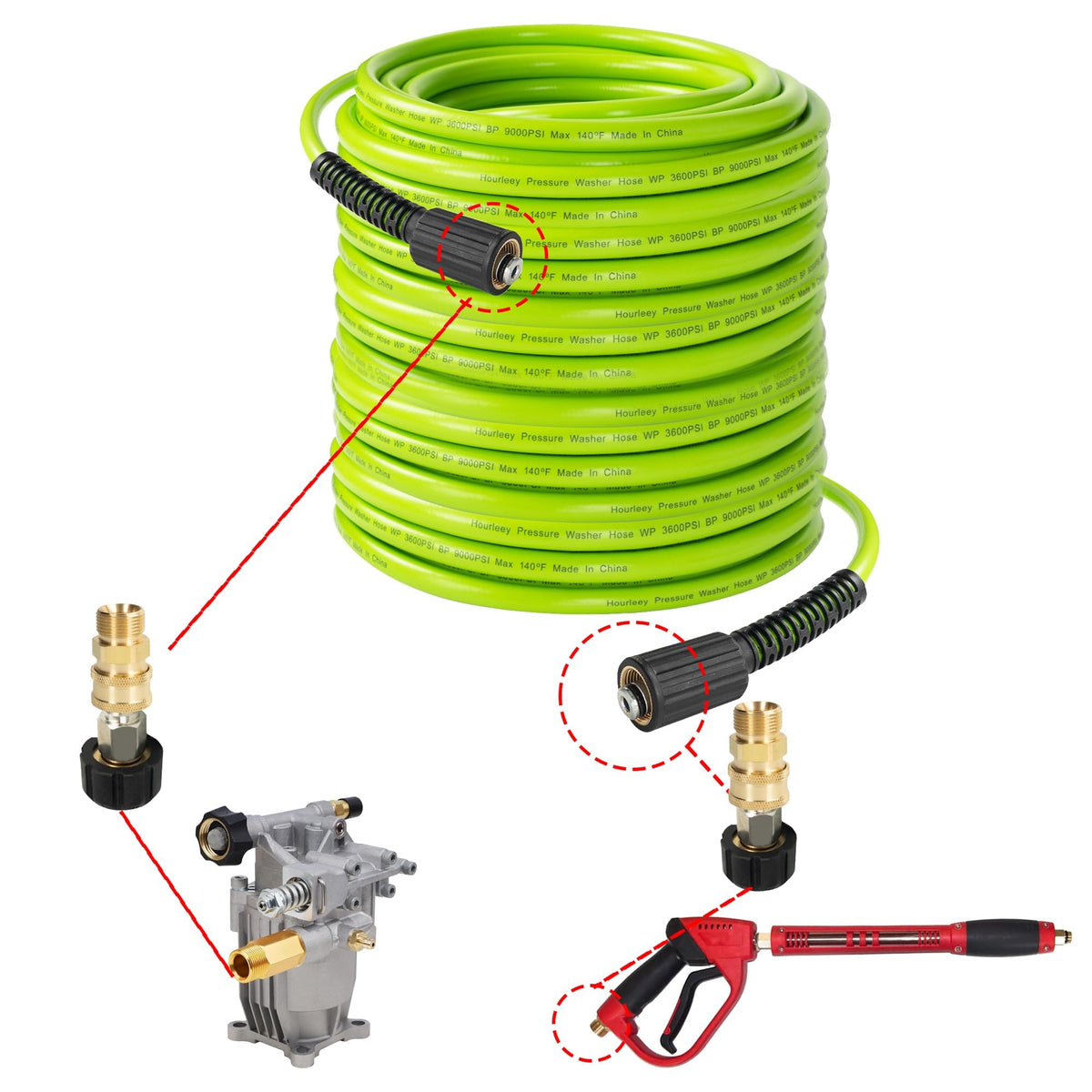 Hourleey 50 ft hose stretched along a driveway, emphasizing length for large areas.