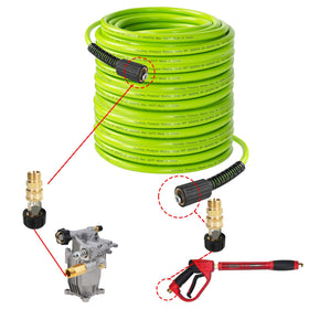 Hourleey 50 ft hose stretched along a driveway, emphasizing length for large areas.
