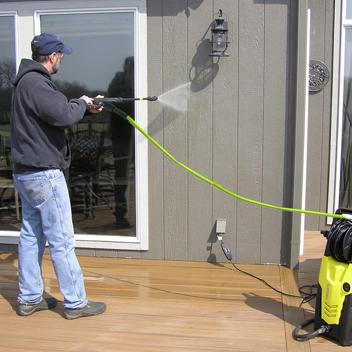 Hourleey hose mounted on a wall, demonstrating easy storage and accessibility.