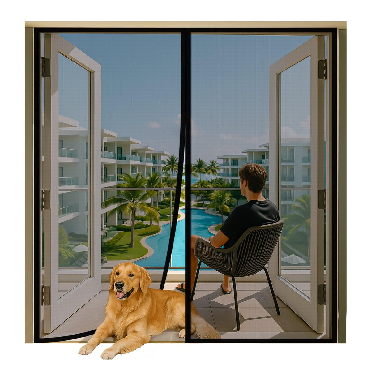 Housegold magnetic screen door 72x80 French door with auto-close magnets for bug protection.