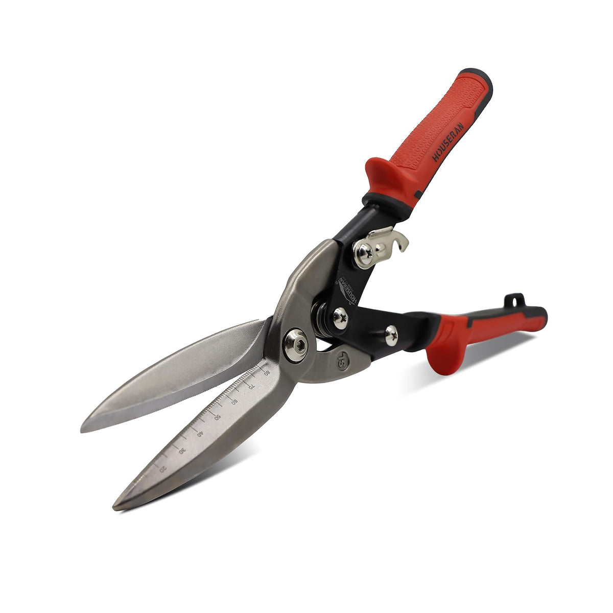 HOUSERAN 12-inch aviation snips blade close-up for precise straight cuts in metal.