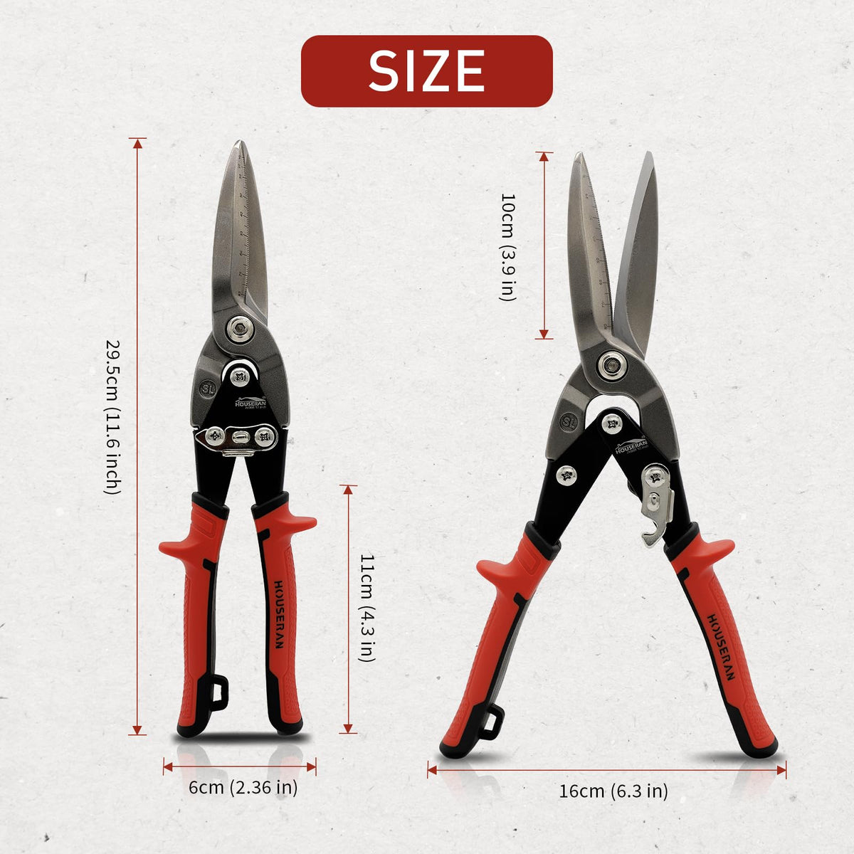 HOUSERAN snips in action cutting sheet metal with clean, smooth edges.
