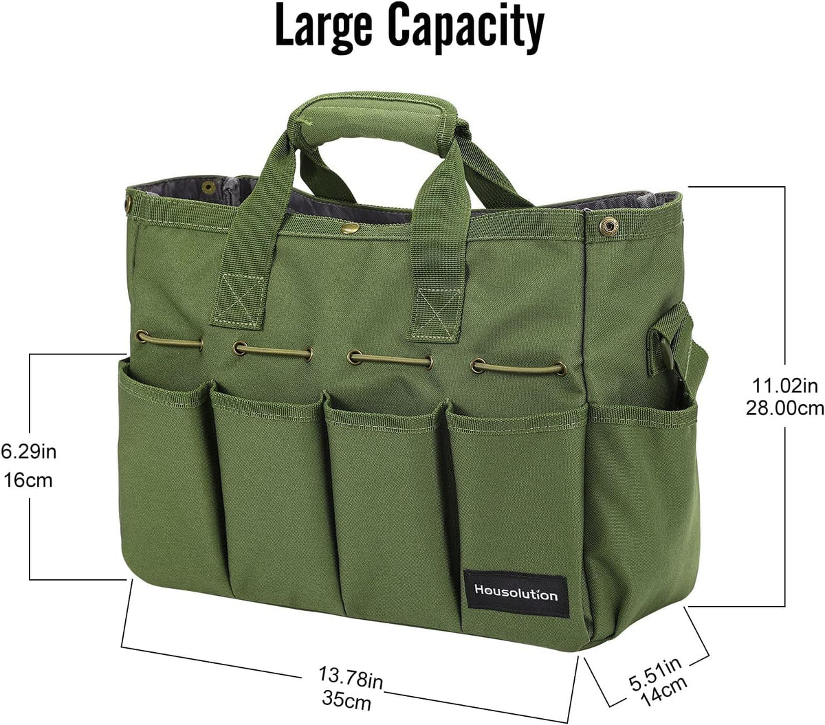 Housolution Garden Tote Bag open stand demonstrates easy access to tools.