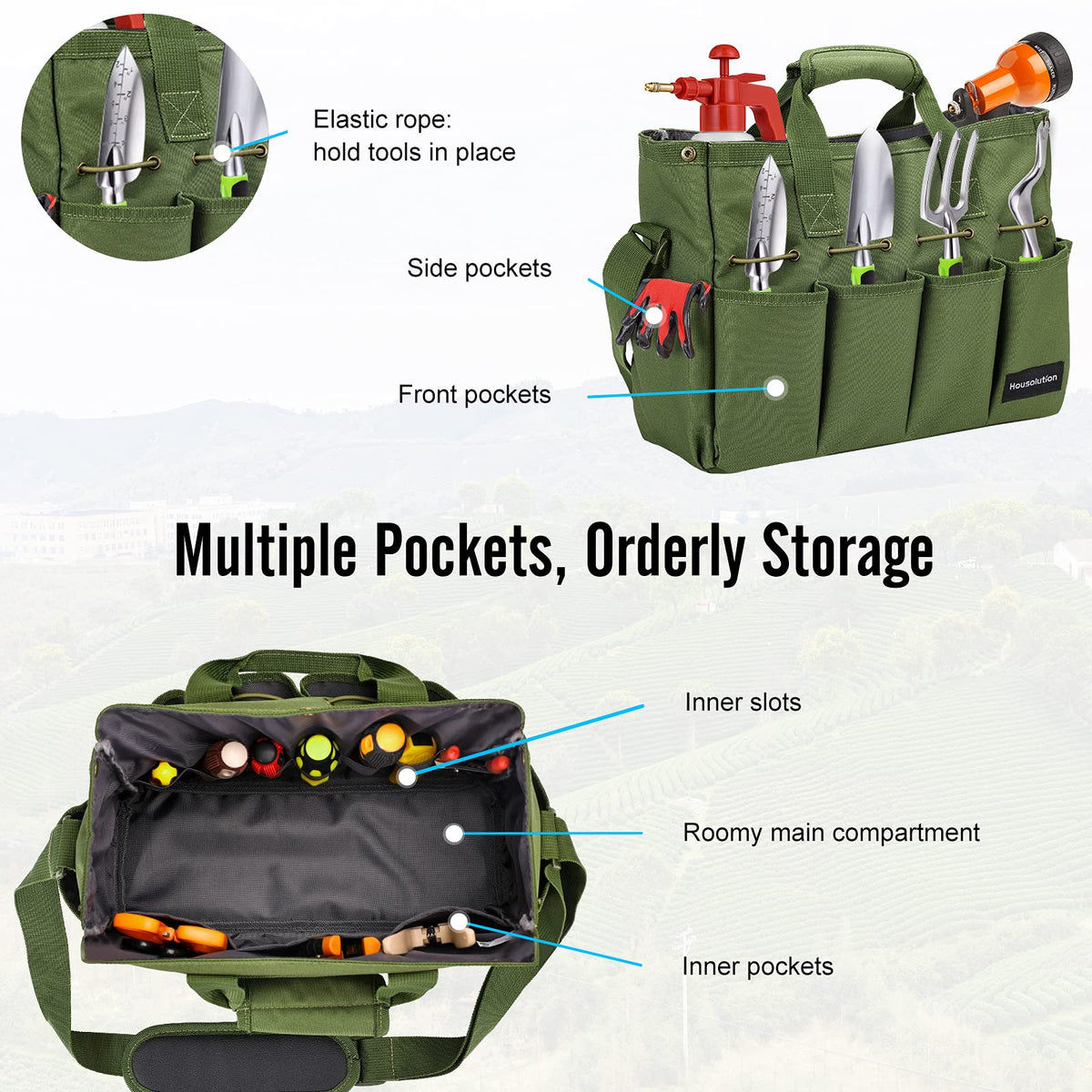 Houssolution Garden Tote Bag adjustable strap for comfortable carrying.