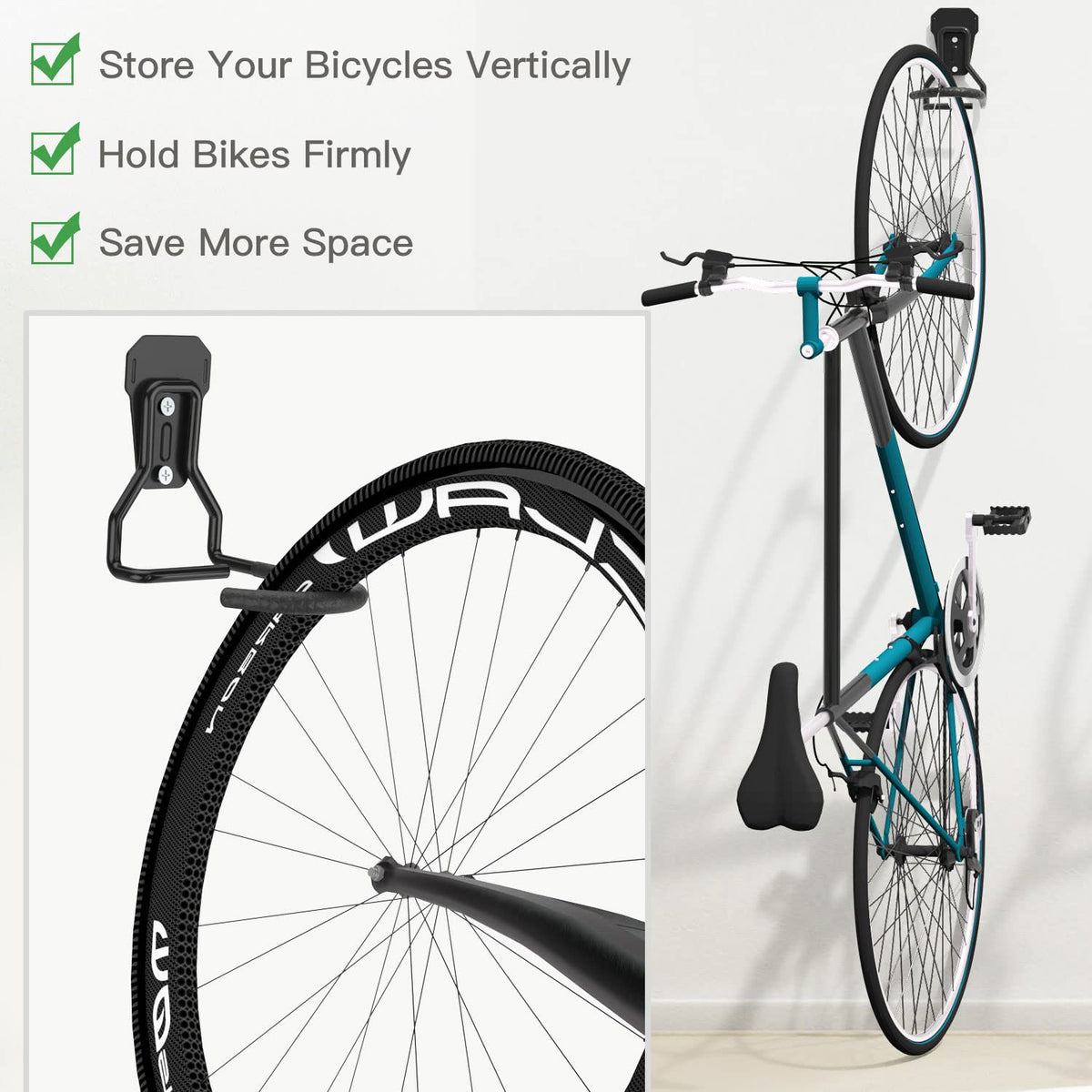 Housolution vertical bike storage saves garage space.