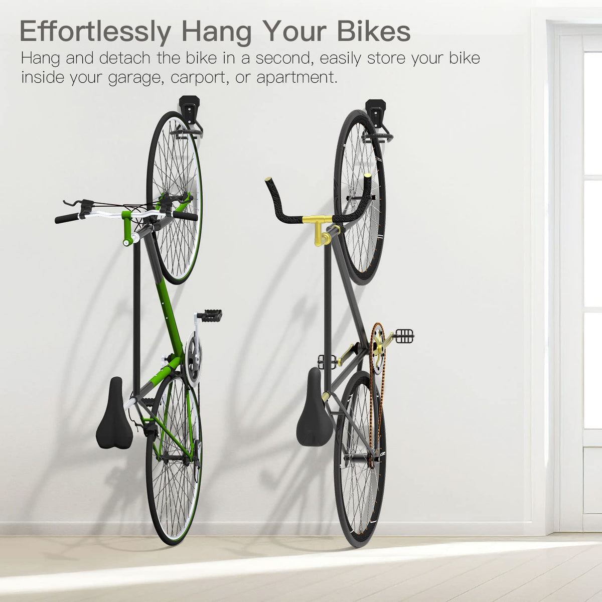 Close-up of rubber-coated hook on Housolution rack protecting bike finish.