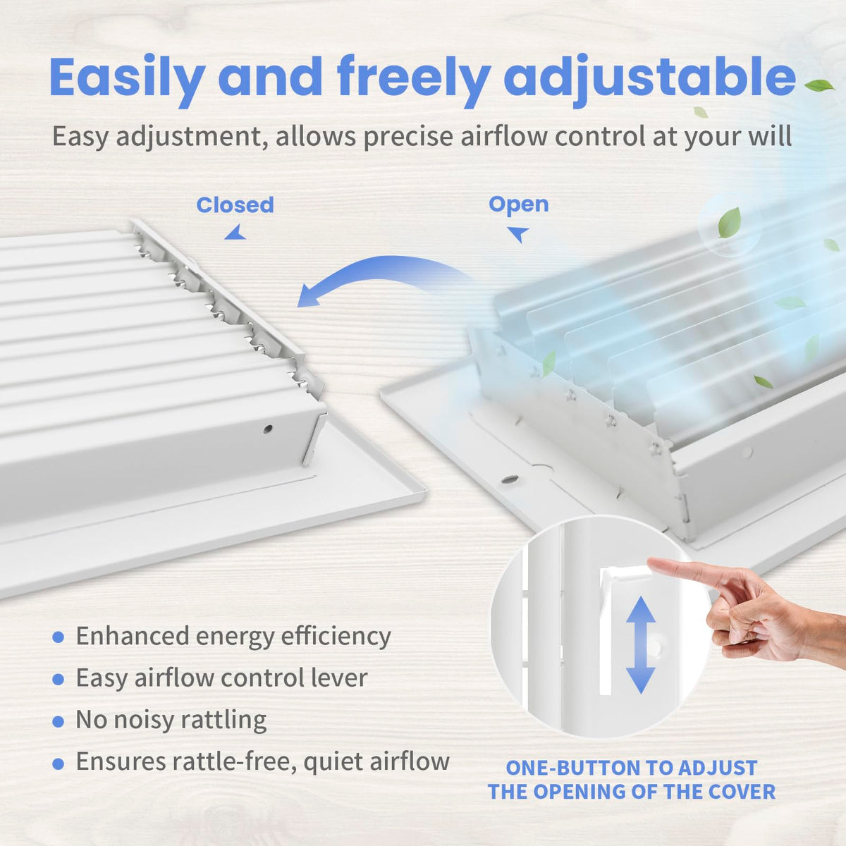 Howeall adjustable blades allow fine-tuned airflow in rooms.