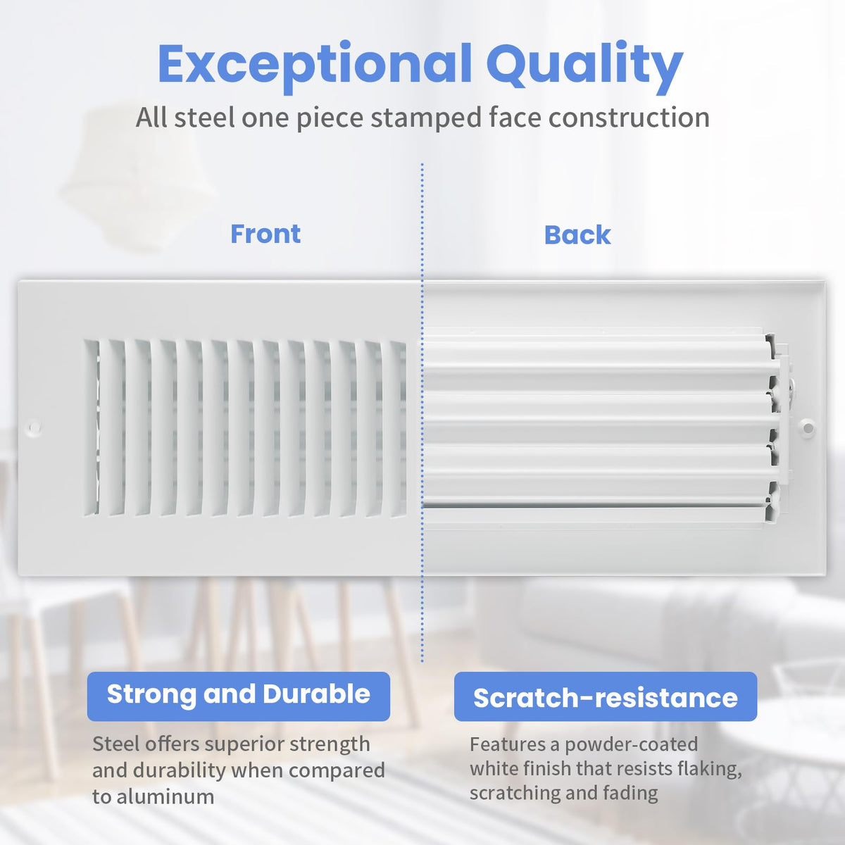 Howeall adjustable damper blades allow precise vertical airflow control.