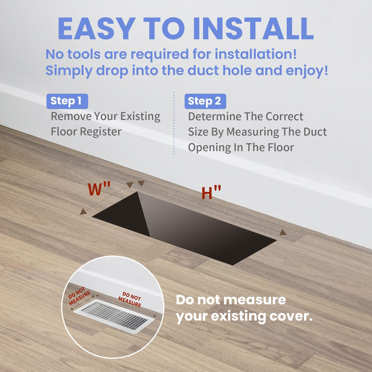 Howeall floor register installation requires no tools or screws for quick setup.