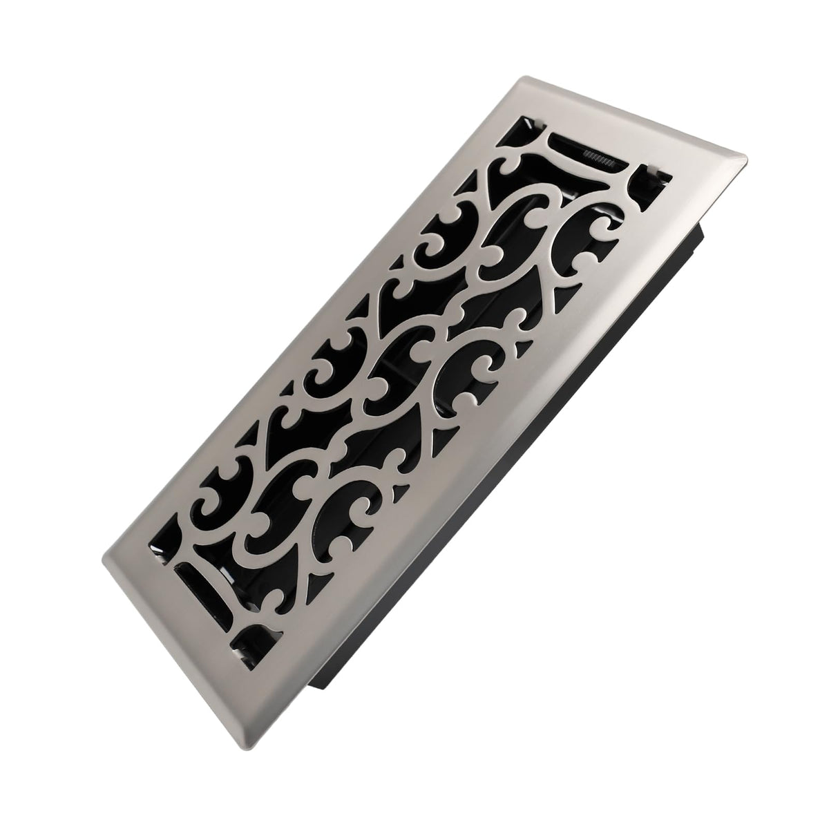 Howeall Savannah design floor register in satin nickel enhances decor and airflow.