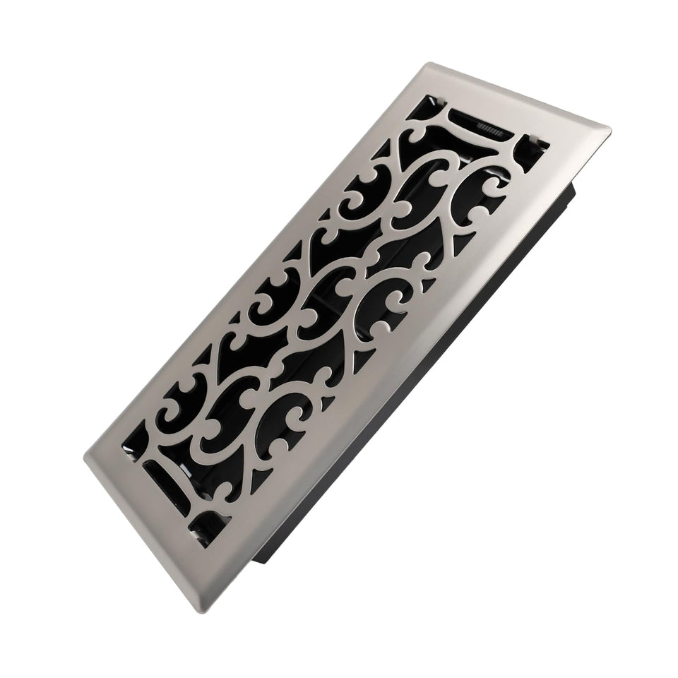 Howeall Savannah design floor register in satin nickel enhances decor and airflow.