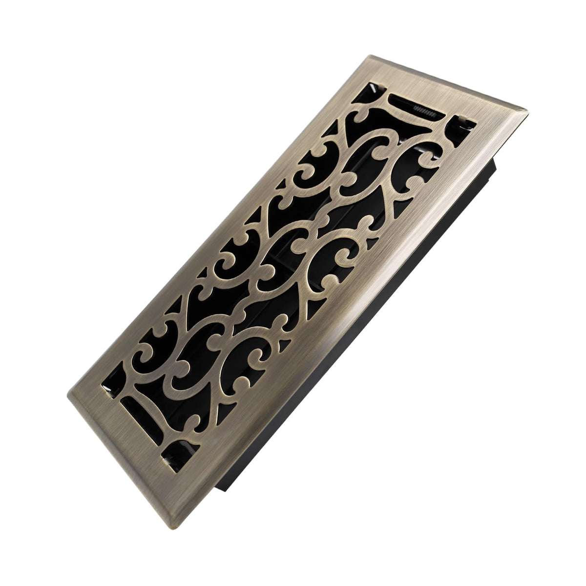 Howeall Savannah floor register 4x10 in antique brass with decorative pattern.