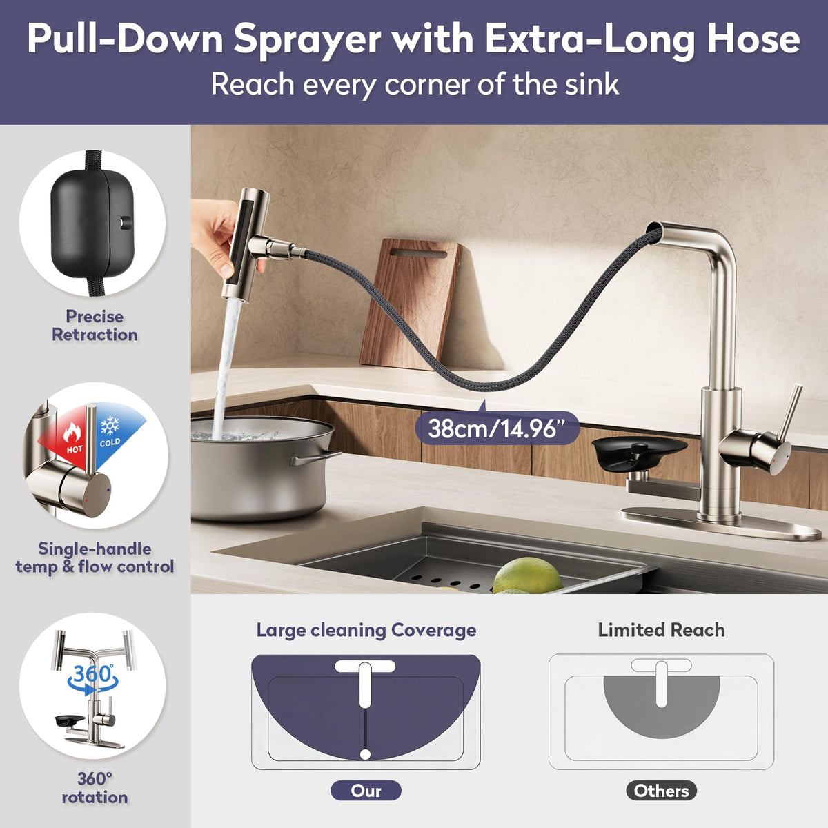 HOWUWEY 360° swivel spout delivering full sink access