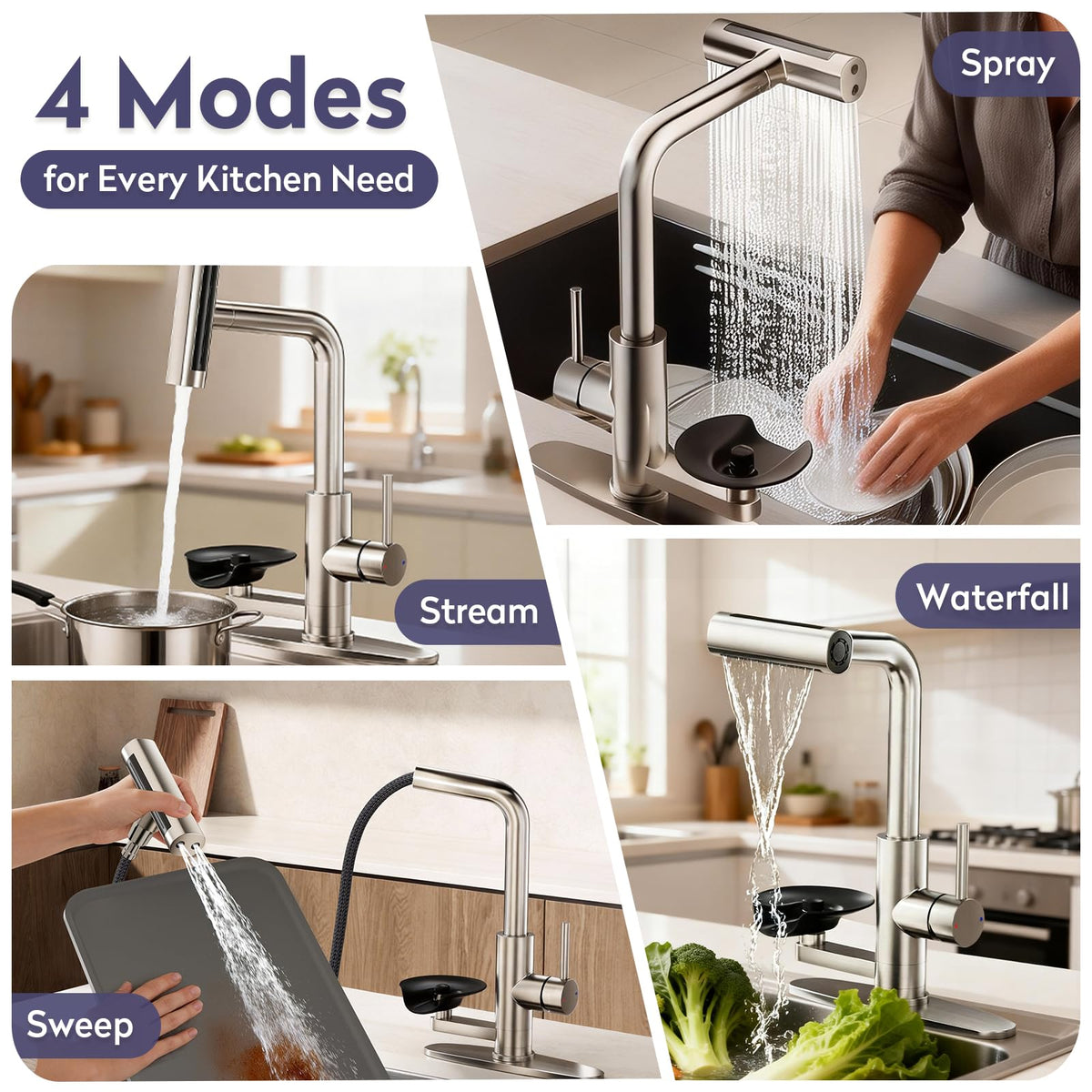 HOWUWEY faucet shows four spray modes for varied kitchen tasks