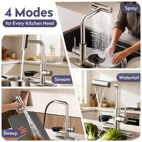 HOWUWEY faucet shows four spray modes for varied kitchen tasks