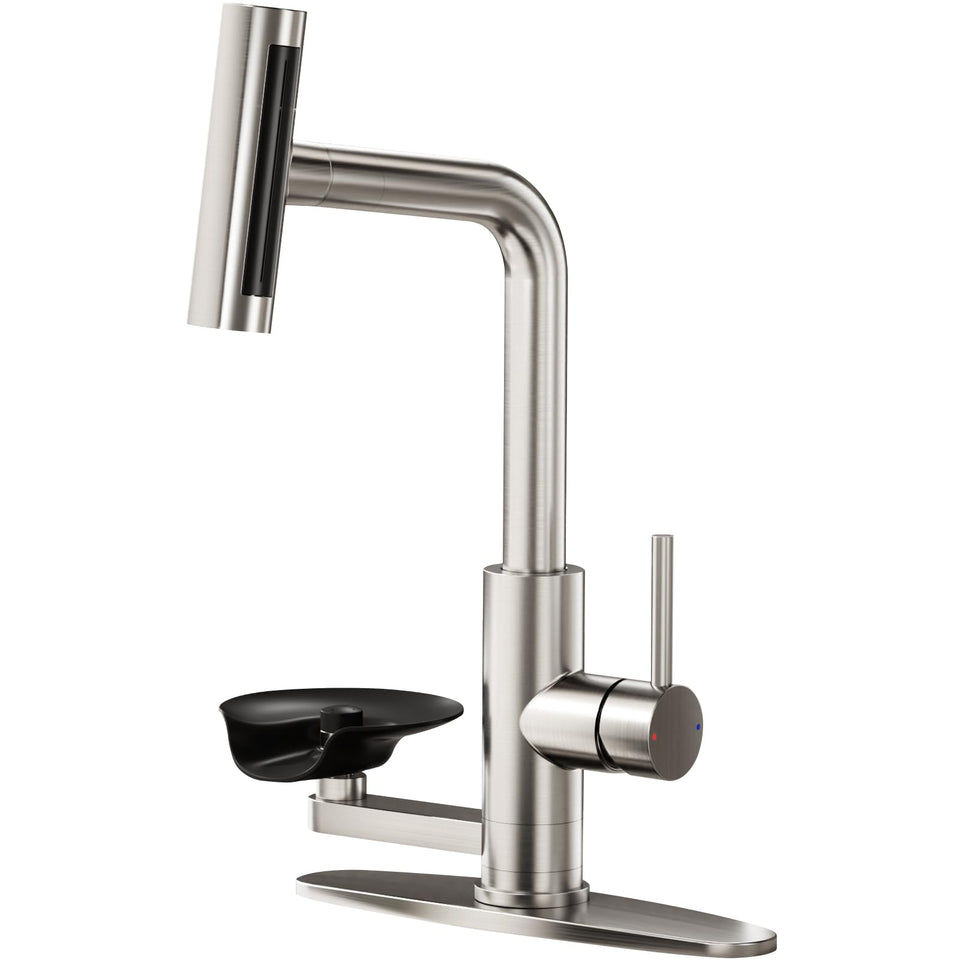 HOWUWEY kitchen faucet with pull-down sprayer in brushed nickel for versatile cleanup