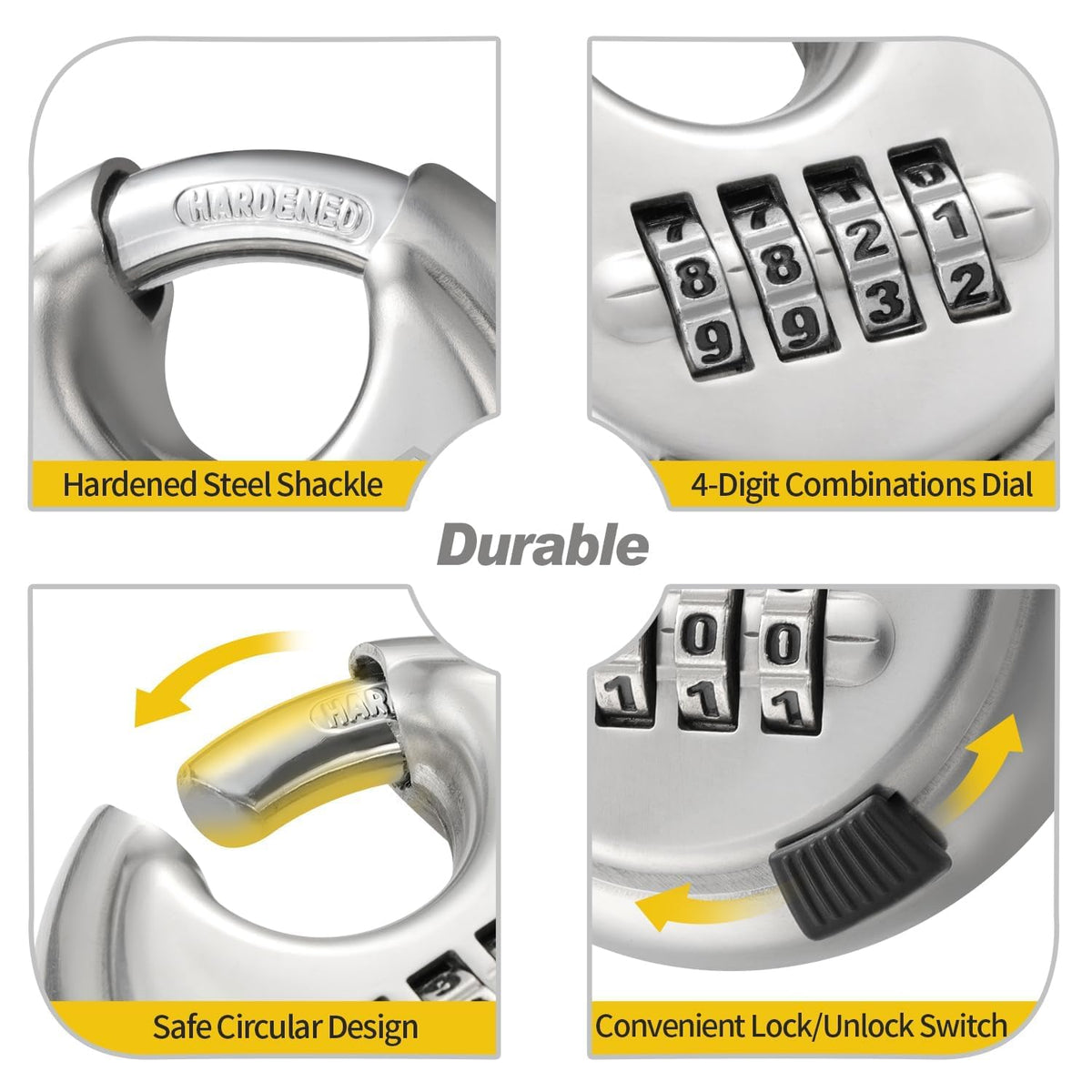 HOX disc padlock with 2-3/4 inch wide body for versatile outdoor storage