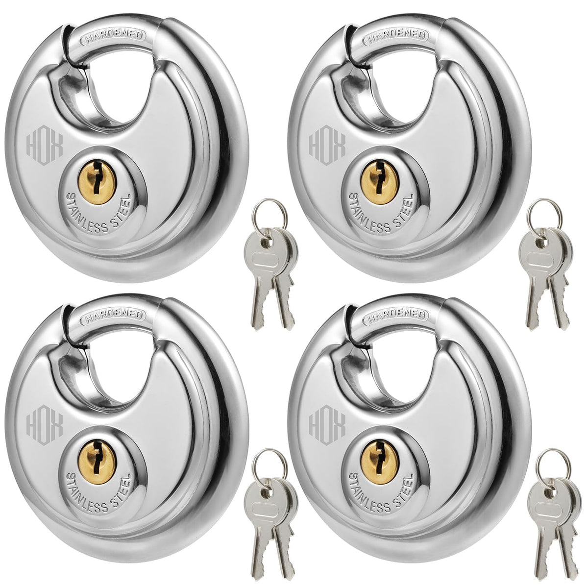 HOX keyed disc padlock 4-pack shows secure protection for hasps and gates