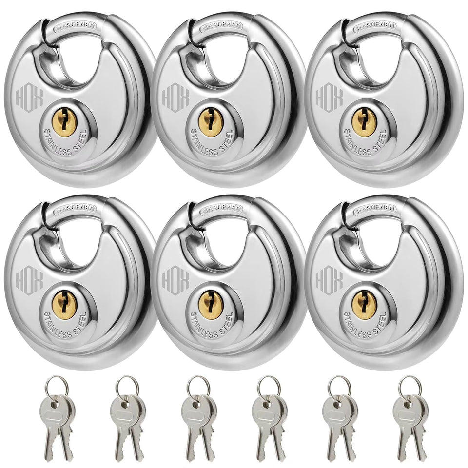 HOX keyed disc padlock in stainless steel body for outdoor security.