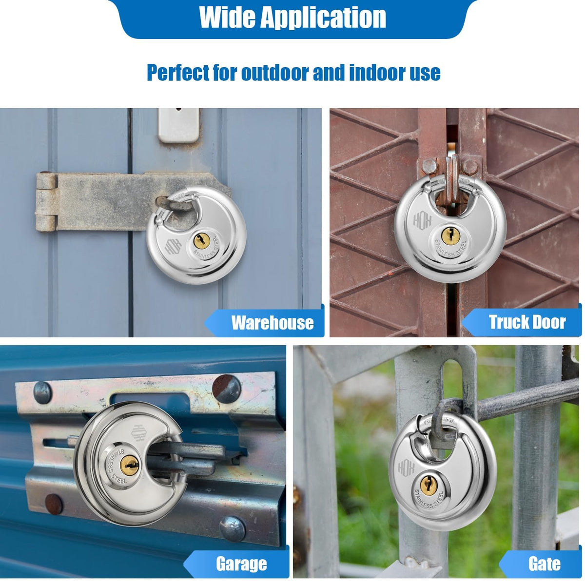 HOX versatile security padlock shown on a hasp or fence.