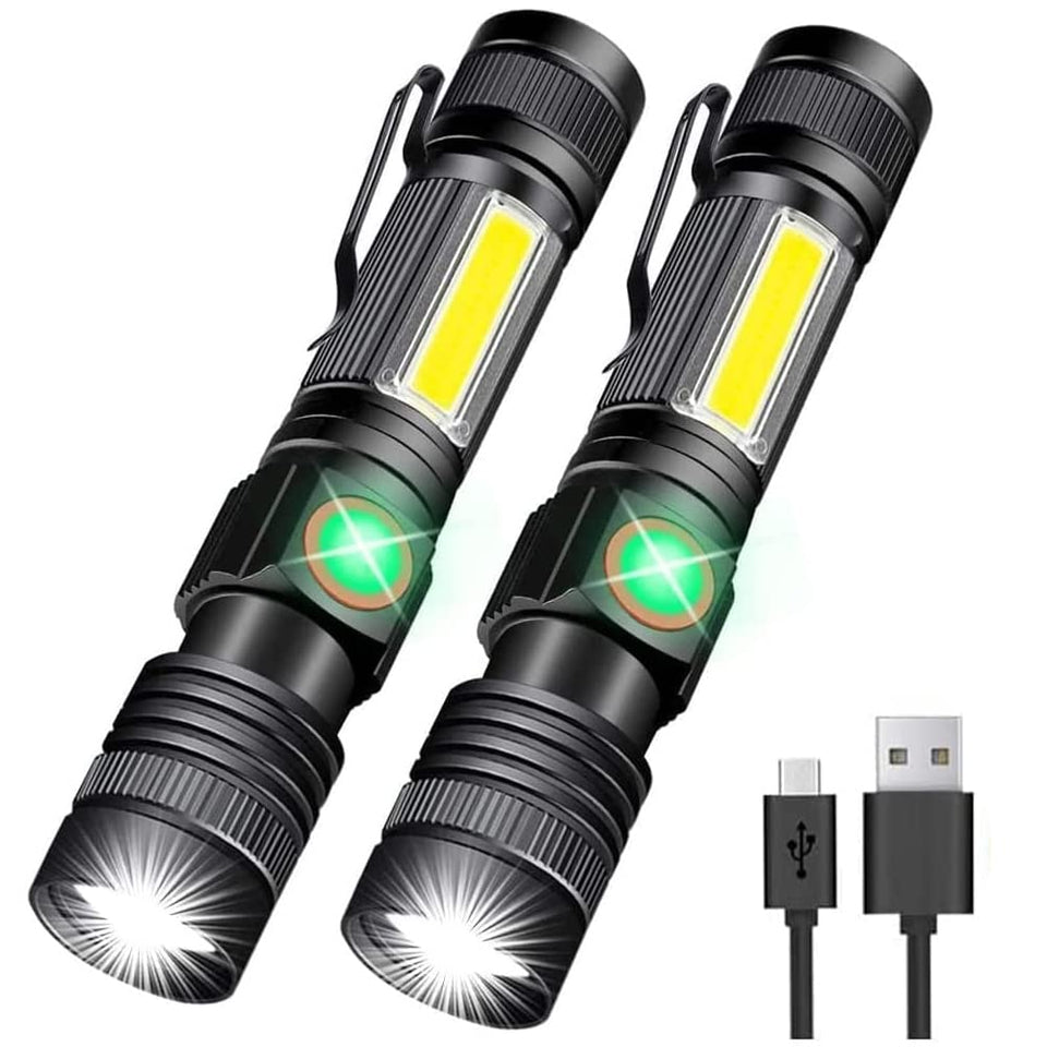 Hoxida USB-rechargeable flashlight with a bright beam for camping and emergencies.