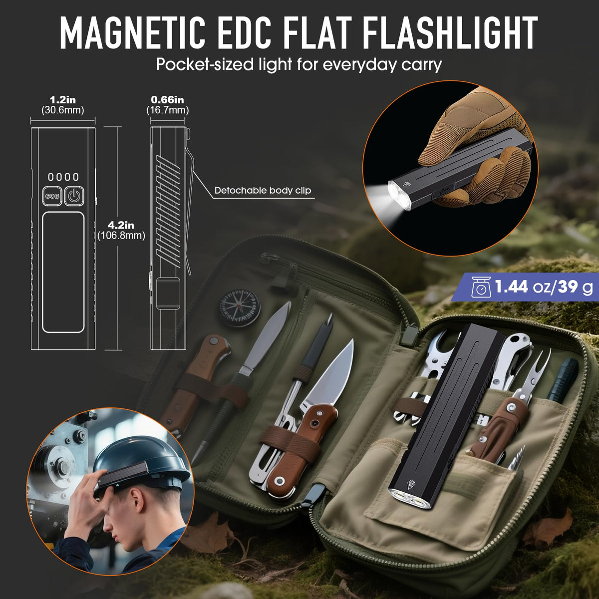 Hoxida flat slim EDC flashlight with clip for hands-free use.