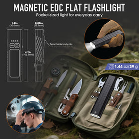 Hoxida flat slim EDC flashlight with clip for hands-free use.