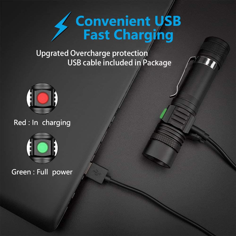 Hoxida USB rechargeable flashlight with quick charging and long runtime.