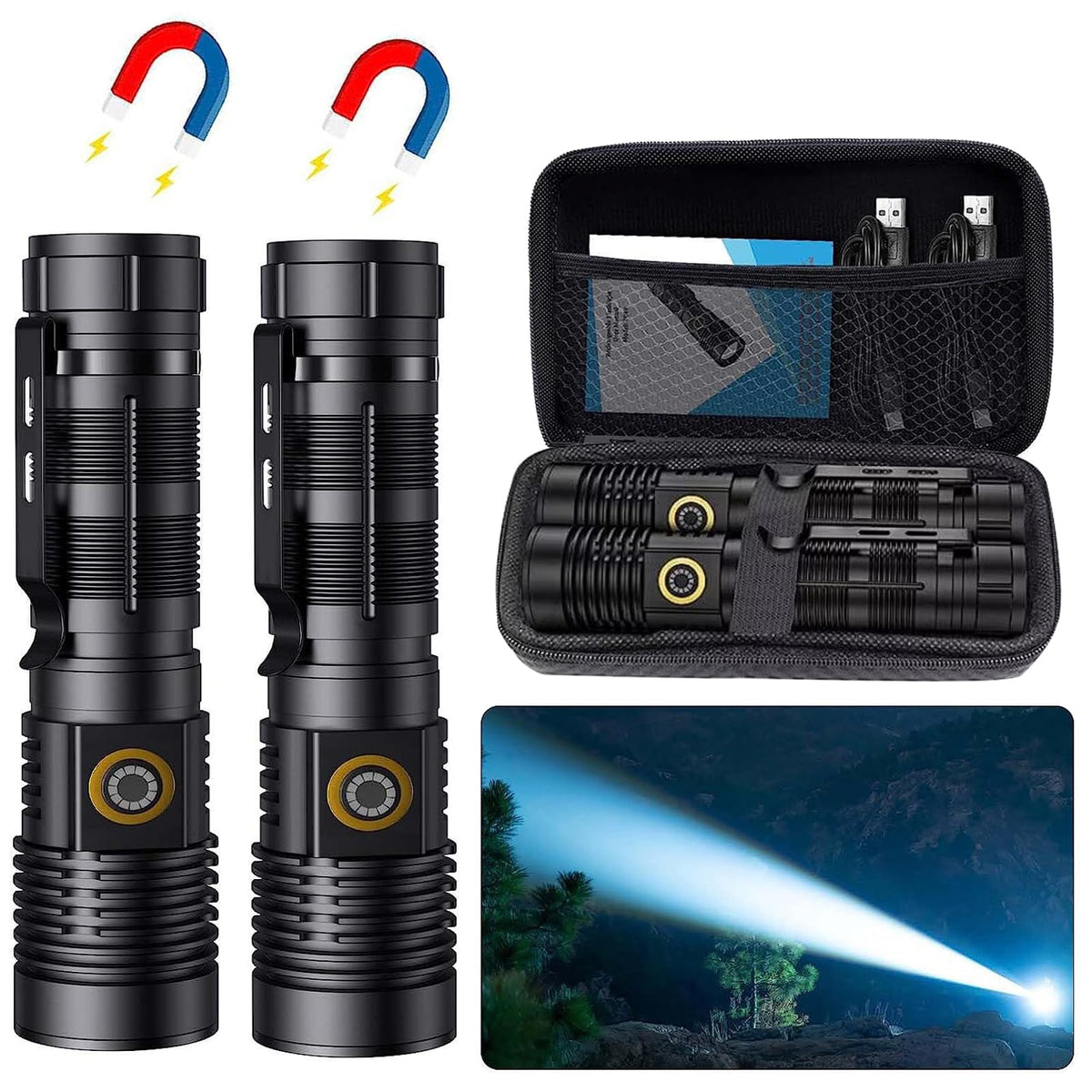 Hoxida rechargeable tactical flashlight long-beam view showcasing extended range for search and rescue.