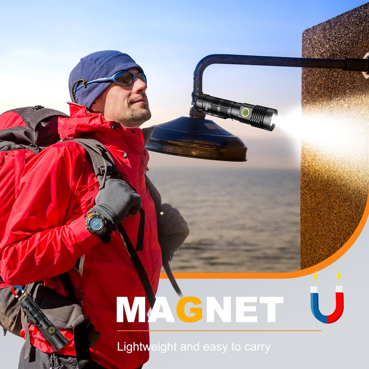 Hoxida magnetic-base flashlight fixed to metal surface for hands-free lighting during tasks.