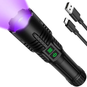 Hoxida UV flashlight demonstrates UV beam reach for distant stain detection.
