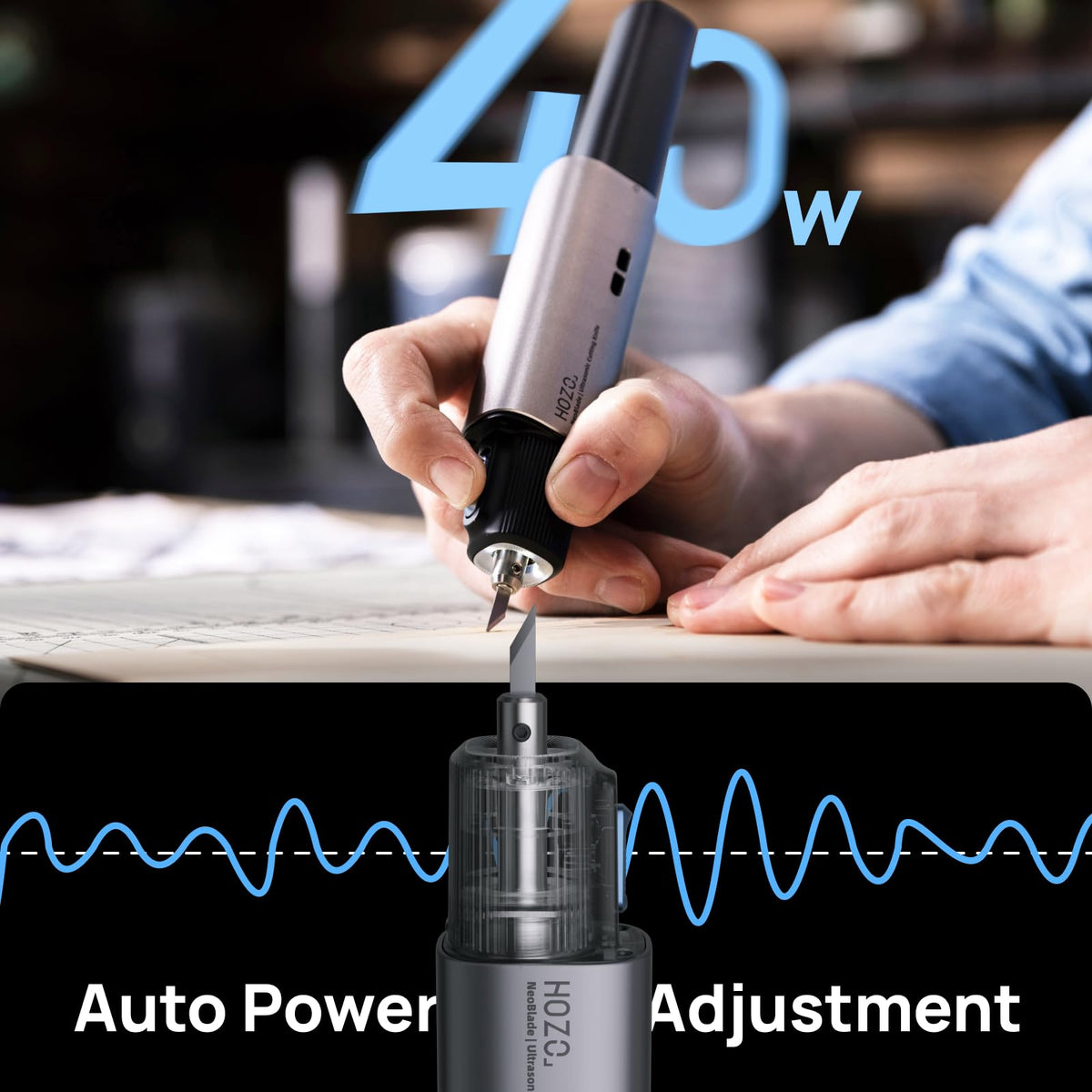 HOZO NeoBlade shows 40kHz vibration for smooth cuts.