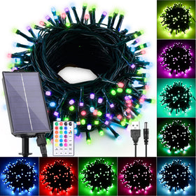 Hozplex outdoor 40ft solar string lights illuminate trees with vibrant color options.