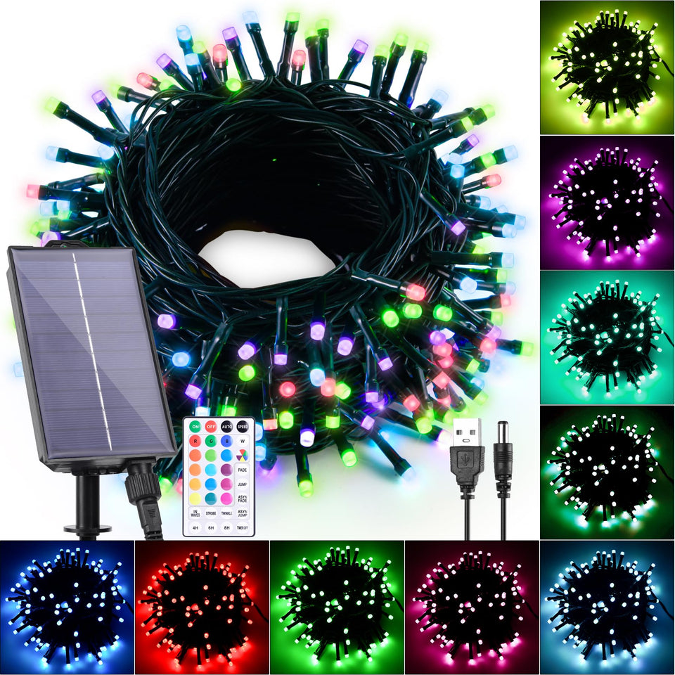 Hozplex outdoor 40ft solar string lights illuminate trees with vibrant color options.