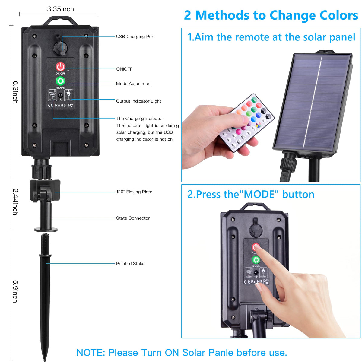 Hozplex USB recharge enables charging indoors during cloudy days.