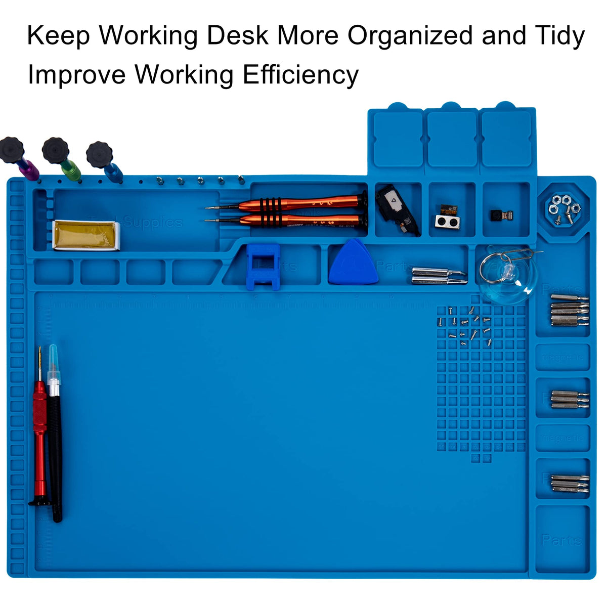 HPFIX blue magnetic repair work mat keeps components organized for electronics projects.