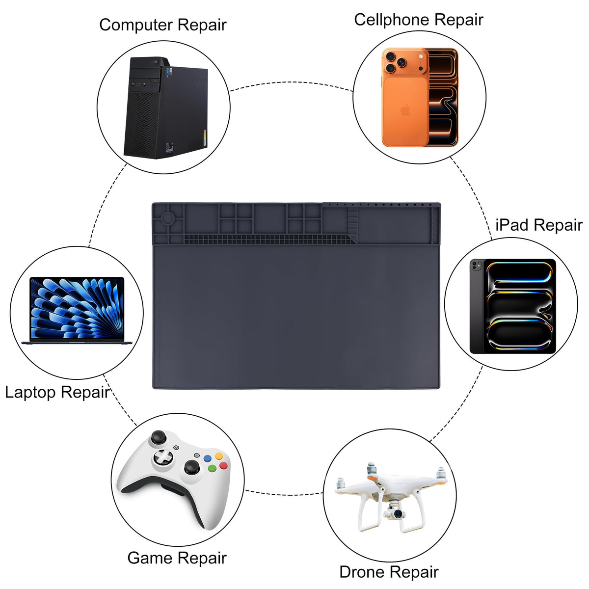 HPFIX mat helps keep desk organized during electronics repair sessions