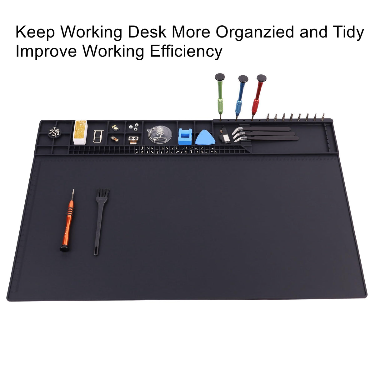 HPFIX mat showing built-in compartments and trays to organize small parts