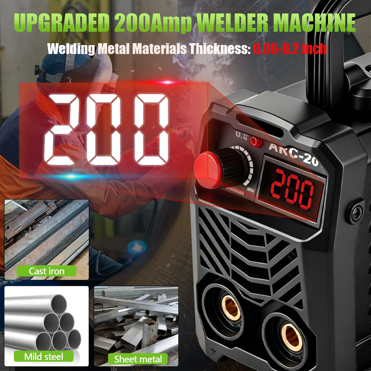 Hpoouo 200Amp welder side view highlighting lightweight build for easy transport.