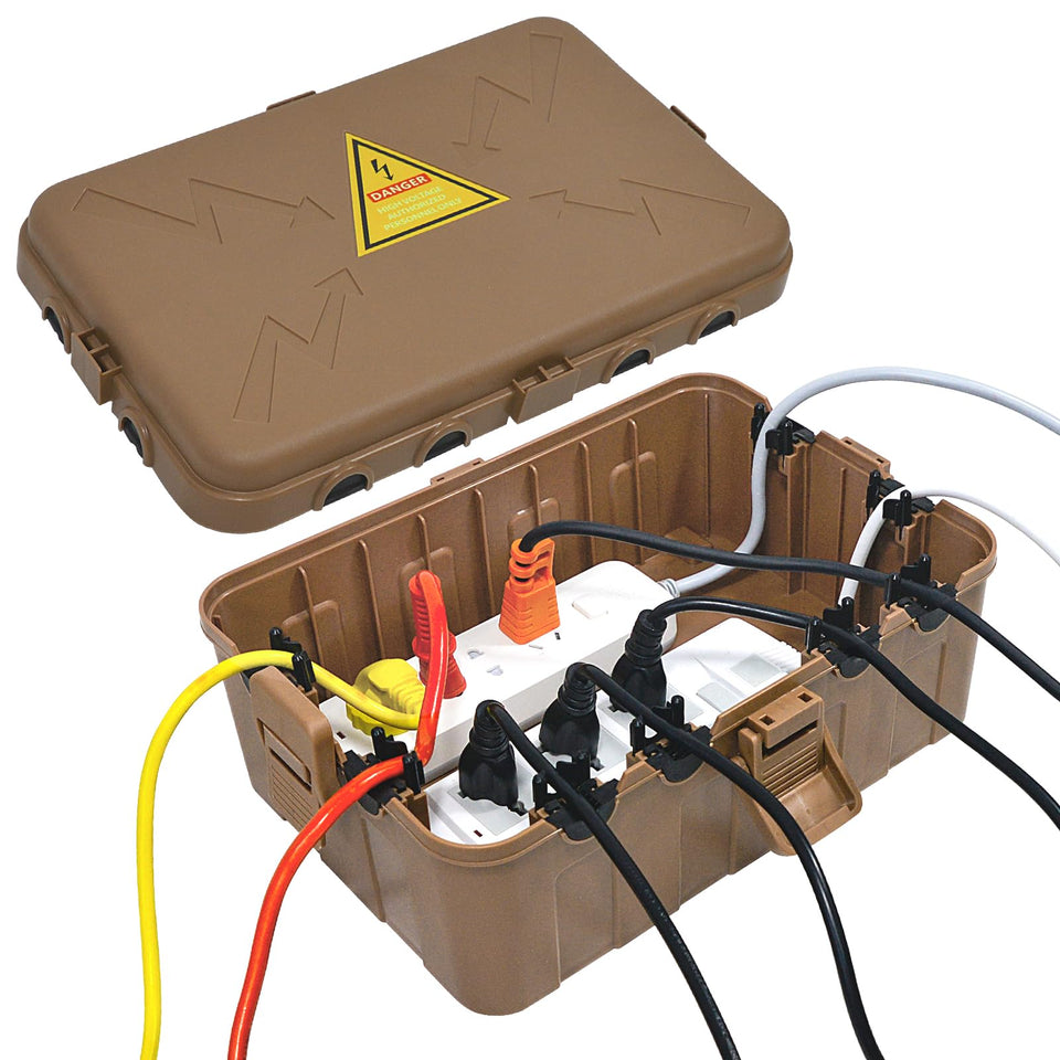 Hrensaw large outdoor box front view highlights generous space for outlets and cords