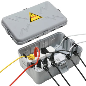 Hrensaw outdoor electrical box, large 12.5x8.5-inch view with multiple ports for cords.