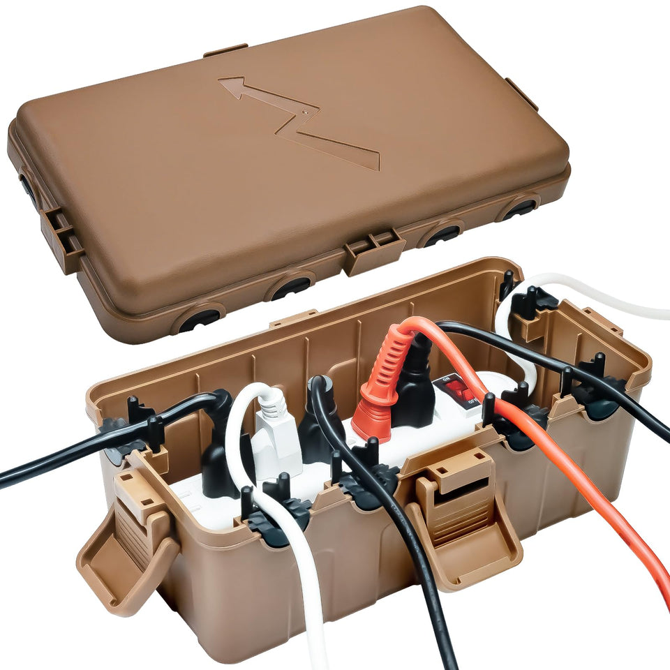 Hrensaw outdoor box front view shows weatherproof exterior for outdoor outlets.