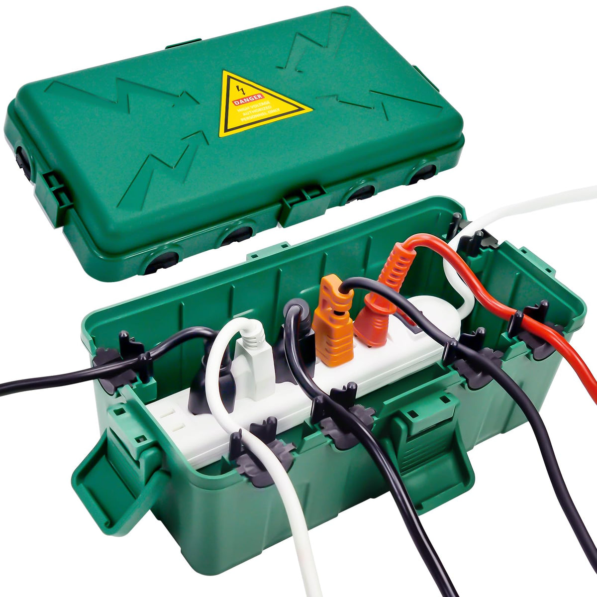 Hrensaw outdoor box with open lid showing easy access to outdoor plugs