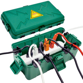 Hrensaw outdoor box with open lid showing easy access to outdoor plugs