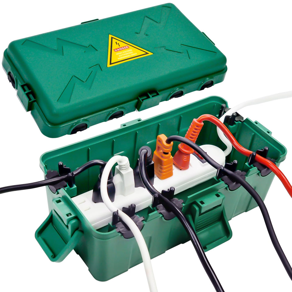 Hrensaw outdoor box with open lid showing easy access to outdoor plugs