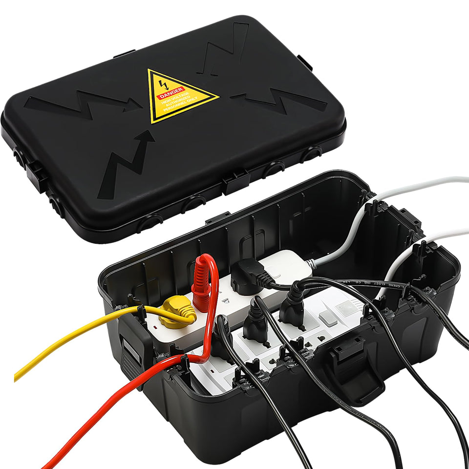 Hrensaw outdoor box with closed cap protects outlets from rain.