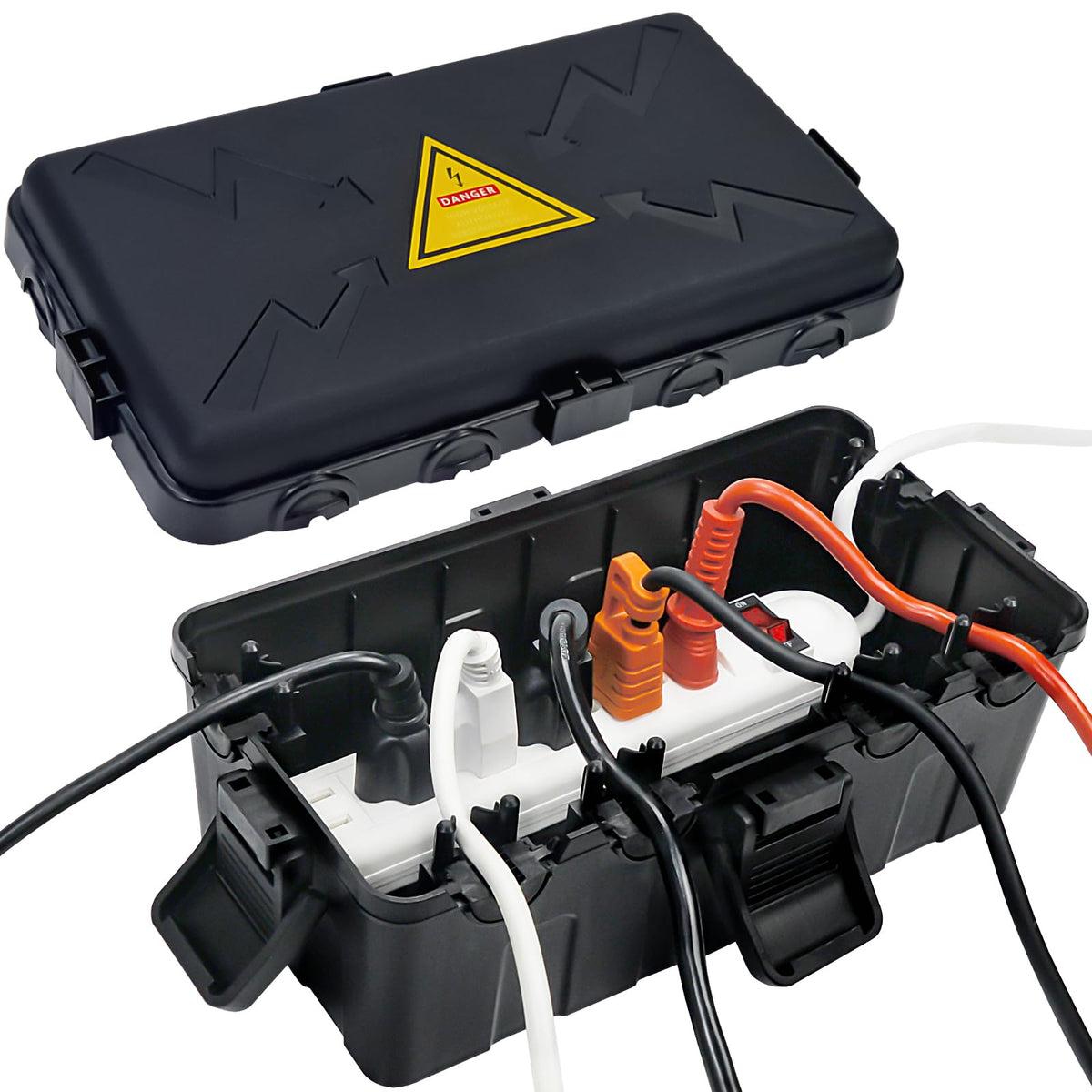 Hrensaw outdoor electrical box front view showing rugged weatherproof enclosure for outdoor cords