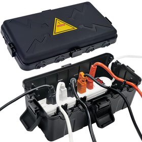 Hrensaw outdoor electrical box front view showing rugged weatherproof enclosure for outdoor cords